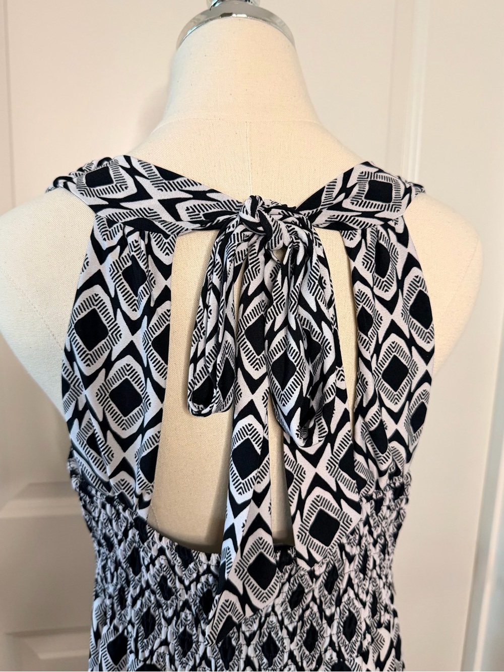Style & Co. Black and White Geometric Halter Tie Maxi Dress with Crochet Lace